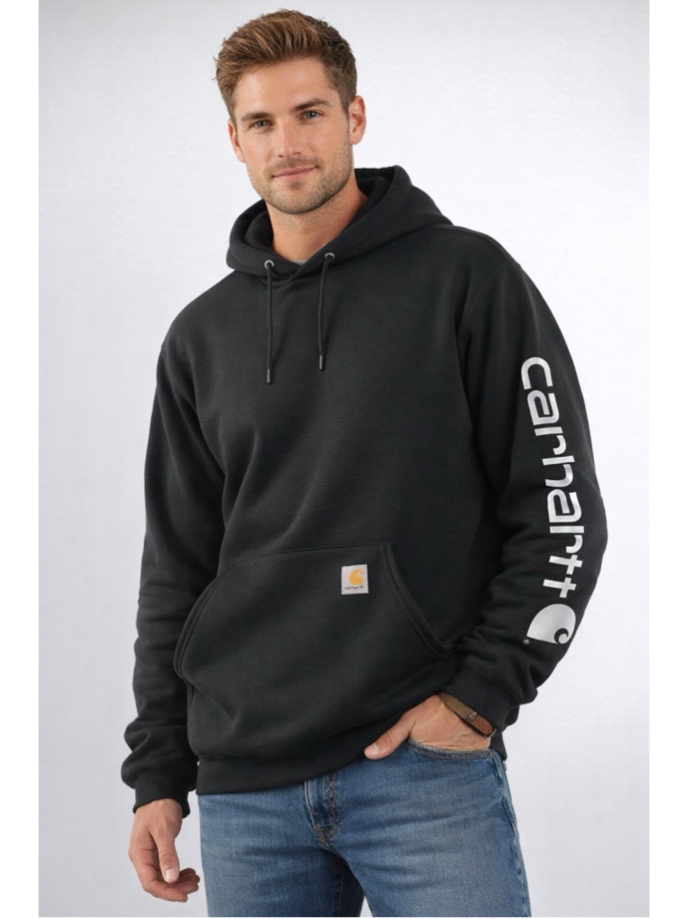 Carhartt Hoodie Mens Medium Black Loose Fit Midweight Logo Sleeve Sweatshirt New